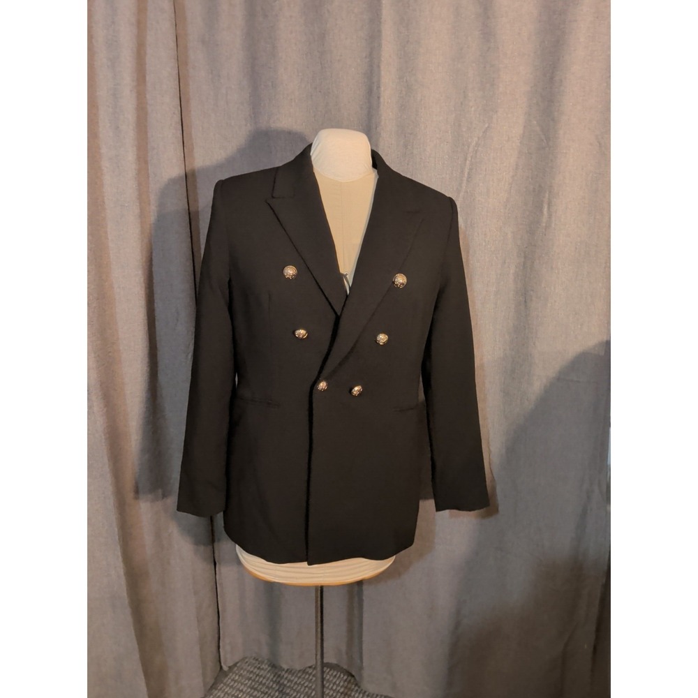 MNG Mango Black Double Breasted Blazer Gold Crest Buttons Womens XL Military